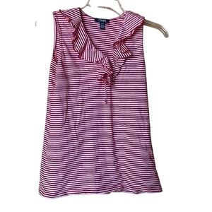 Chaps Ruffle Neck Striped Sleeveless V-Neck Tank Top Cotton Red‎ White Medium